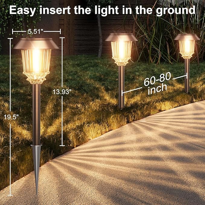 XMCOSY+ Solar Pathway Lights Outdoor, 6 Pack Solar Light Outdoor Waterproof | Stainless Steel & Aluminum 10-40LM Dimmable Warm White for 12H, IP65 Solar Powered Auto On/Off Outdoor Light for Yard Garden