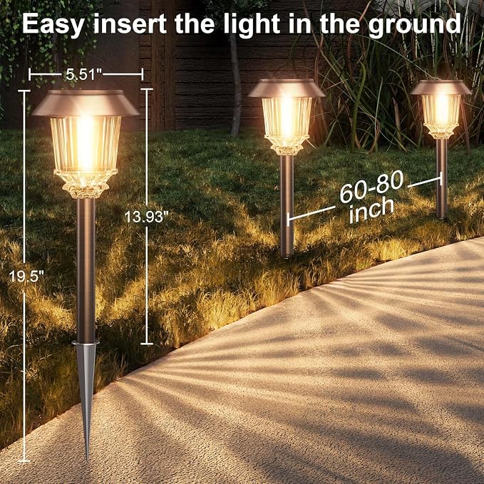 XMCOSY+ Solar Lights Outdoor Waterproof, 4 Pack Solar Lights for Outside | 10-40 LM Dimmable Warm White Metal & Glass Waterproof Outdoor Solar Lights For Yard Garden Lawn Driveway Walkway Pathways