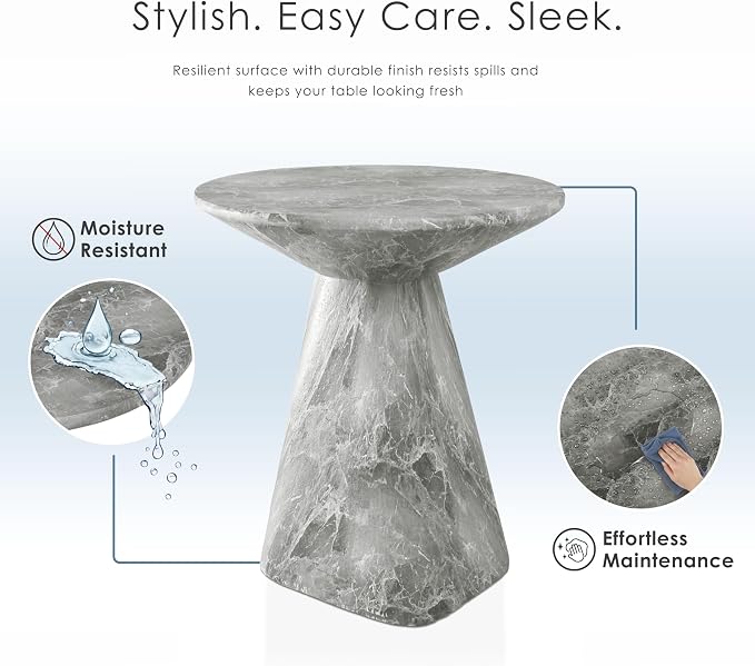 24/7 Shop at Home Ranera Modern 18-inch Natural Stone Side Table with Angular Pedestal Base, Marble Nightstand, Geometric Patio End Table, for Living Room, Covered Outdoor Spaces, Balcony, Gray Marble