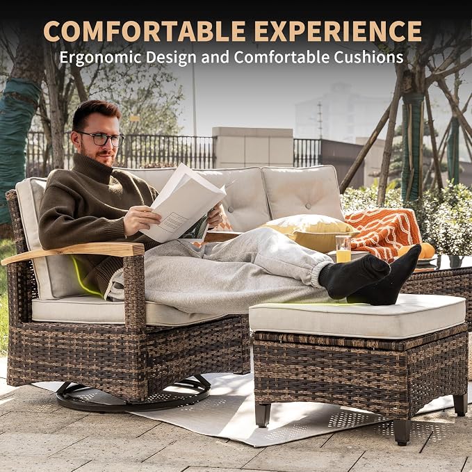 MEISSALIVVE 8 Pieces Patio Furniture Sets, PE Wicker Outdoor Conversation Sets with 2 Wood Armrests Swivel Rocker Chairs, 2 Fixed Single Chairs, 2 Ottomans and Dining Table(Beige)