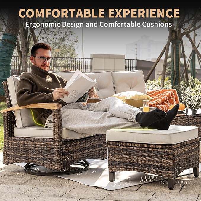 MEISSALIVVE 7 Pieces Patio Furniture Sets, PE Wicker Outdoor Conversation Sets with 2 Wood Armrests Swivel Rocker Chairs, 2 Ottomans,3-seat Sofa and Dining Table (Beige)