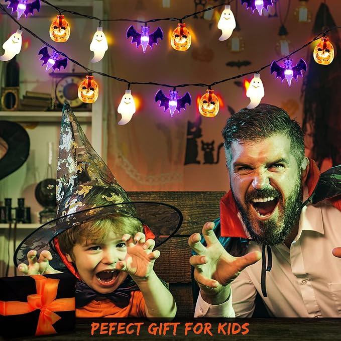 Mosoan Halloween Lights, 20Ft 30 LED Pumpkin Ghost Bat String Lights Battery Operated with Timer, 8 Light Modes Halloween Fairy Lights for Indoor Outdoor Party Home Yard Window Decor