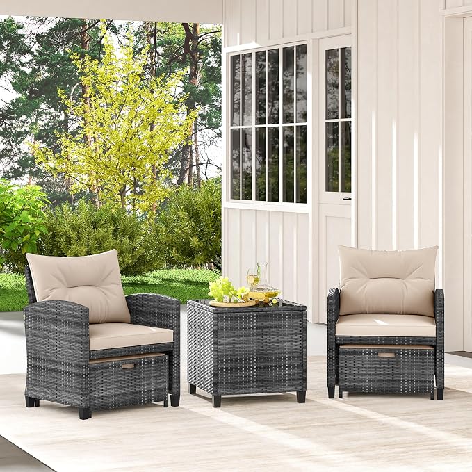 HAPPYGRILL 5-Piece Outdoor PE Rattan Conversation Set, Wicker Patio Furniture Set with Cushion, Ottoman & Coffee Table for Backyard Garden Poolside Lawn Deck Porch (Mix Grey & Beige)