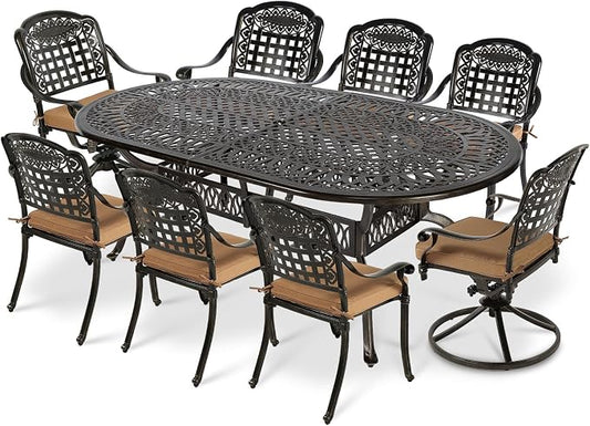 VIVIJASON 9-Piece Patio Furniture Dining Set, All-Weather Cast Aluminum Outdoor Conversation Set, Include 6 Stationary Chairs, 2 Swivel Dining Chairs and an Oval Table with Umbrella Hole