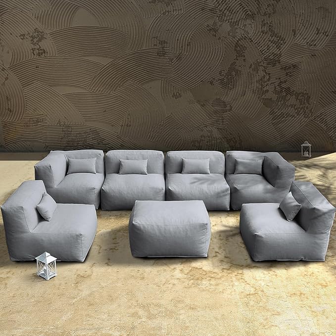 Patio Furniture Set Bean Bag 7 Pieces Outdoor Chairs Sectional Conversation Patio Set Daybed Furniture Outdoor Sofa Couch High Density Foam Filling Modern Comfy Patio Couch, Dark Gray