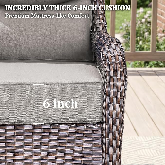 Luxury Swivel Rocker Chairs Fire Pit Set with 6" Thick Cushion 10 piece Wicker Outdoor Patio Chair with Sofa and Ottoman,Comfortable High Back Outdoor Patio Furniture Set - Brown | Gery