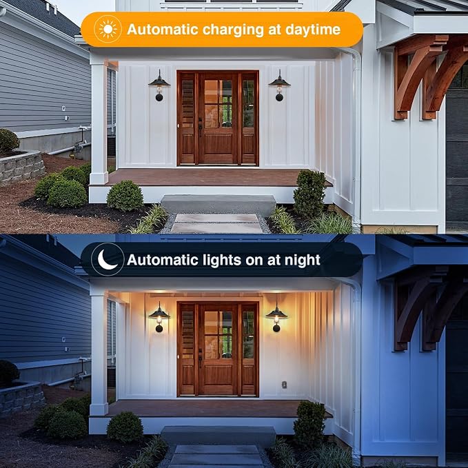 Solar Barn Lights Upgrade, 1PC Waterproof Wall Light Fixture, Rustic Vintage Metal Gooseneck Solar Wall Mount Lights with Gold Interior, for Outdoor Barn Shed Garage Porch (Black)