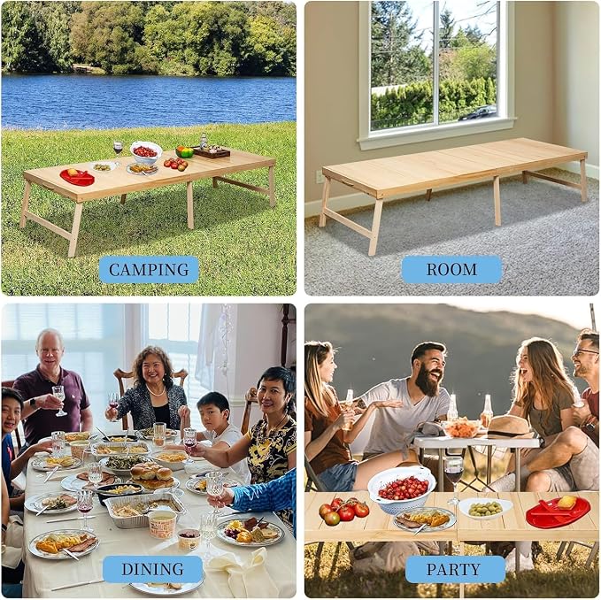 Foldable Boho Wooden Picnic Table, No Assembly Required Portable Outdoor Indoor Low Picnic Table for Floor Seating, Beach, Camping, BBQ, Backyard, 80" x 30", Seats 8–10 People