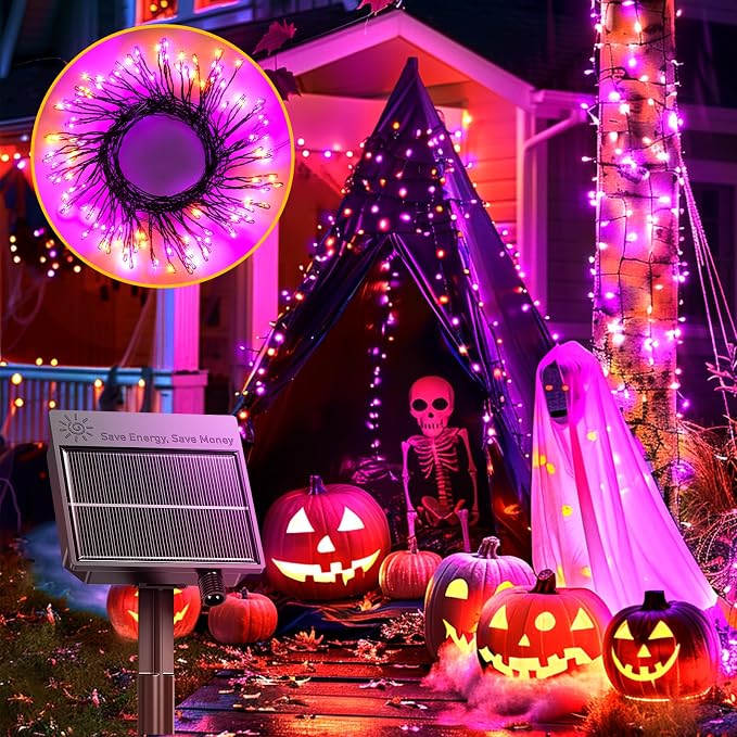 240 LED Solar Fairy Lights Outdoor Waterproof IP65, 20FT 8 Lighting Modes | Solar Christmas Lights Outdoor Waterproof Cascading Twinkle Lights Balcony Garland Patio Christmas Decorations, Orange Purple