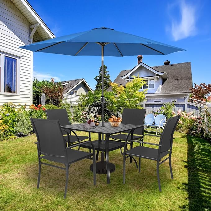SUNCROWN 6 - Piece Outdoor Dining Set, Patio Furniture Set with 4 Textilene Dinning Chairs, 1 Steel Slat Metal Bistro Table and 1 Dark Blue 9Ft Patio Umbrella for Lawn Garden Backyard Deck, Black