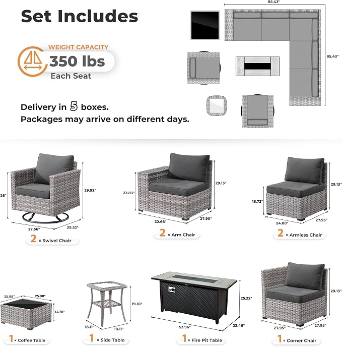 ovios 10 Pieces Patio Furniture Set, Outdoor Wicker Sectional Sofa with 54" Fire Pit Table Swivel Chairs, Modern Modular Deep Seat Rattan Couch Conversation Sets, Black