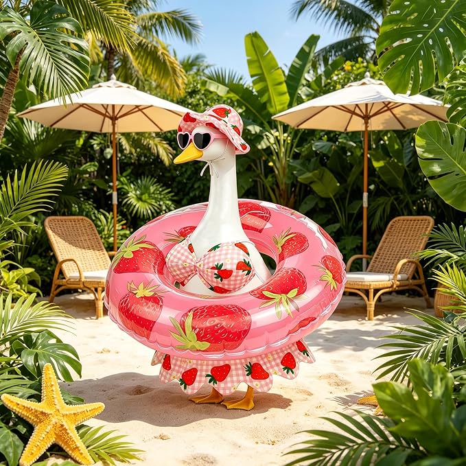 Hawaiian Porch Goose Outfits Summer Bikini Goose Outfit Fits 17 23 Inch | Strawberry Goose Costume with Sunglasses & Wreath for Cement Yard Plastic Statues, Outdoor Garden Patio Decor