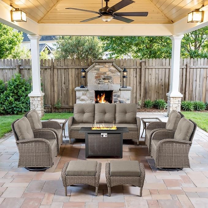 Belord Expansive 10 Pieces Outdoor Patio Furniture Set with 43” Propane Fire Pit Table, Patio Conversation Set with Swivel Rocker Outdoor Chairs Set of 4 and Sofa, Ottoman and Wicker Side Table Gray