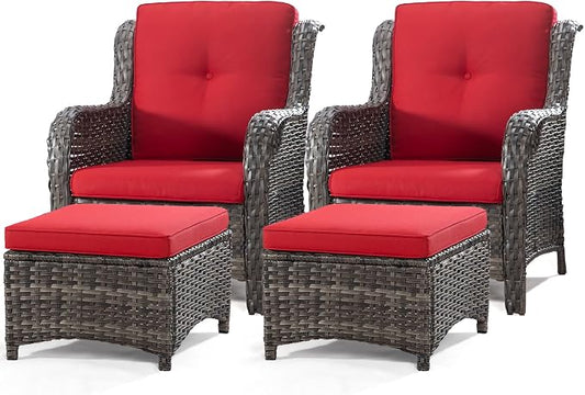 4 Pieces Outdoor Patio Furniture Set Wicker Chairs Set of 2 with Two Ottomans for Backyard, Porch, Balcony(Mixed Grey/Red)