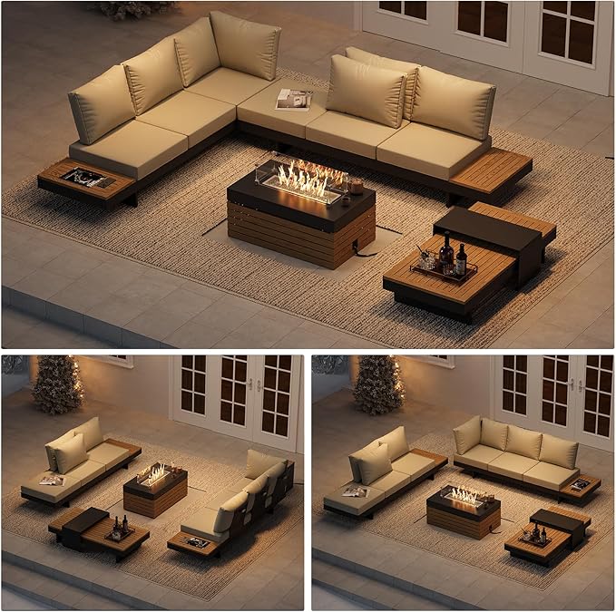 homary Patio Conversation Sets with Fire Pit, Modular Outdoor Sofa Aluminum & Teak Outdoor Sectional with Glass Wind Guard Ideal for Patios & Balconies, 6 Pepole, Beige