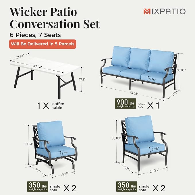 MIXPATIO Patio Furniture Set 6 pcs, Outdoor Patio Furniture, 1 X 3-Seat Sofa, 2 X Single Chairs, 2 X Rocker Chairs, 1 X Coffee Table and 5.75" Extra Thick Cushion, Patio Conversation Set,Blue