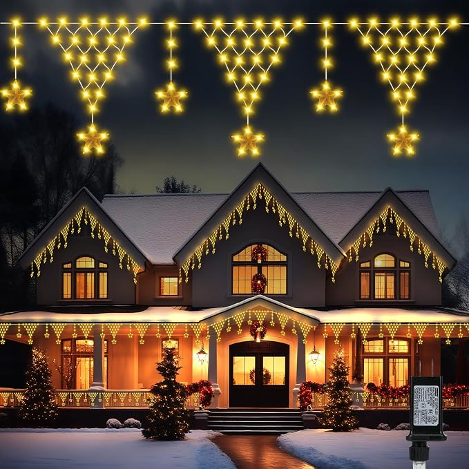 Outdoor Christmas Lights, 14FT 218 LED Curtain Lights, Hanging Fairy String Light, Plug-in LED String Light for Wedding, Party, Indoor, Christmas Decoration - Warm White