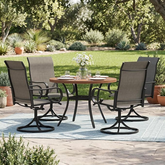 5 Pieces Patio Dining Set, 4 Outdoor Swivel Dining Chairs with 40.6" Round Metal Outdoor Dining Table with Umbrella Hole for Garden Backyard Deck, Mixed Brown & Walnut