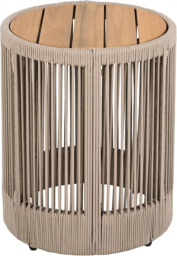 LUMISOL Outdoor Coffee Table & Side Table, Set of 2, Outdoor Woven Rope Table Set for Garden, Teak+ Beige