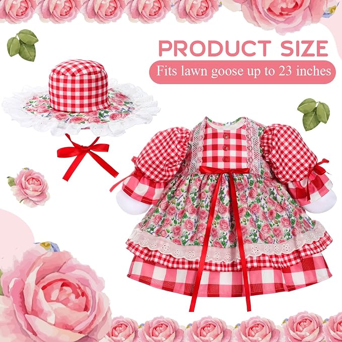Spring Flower Goose Outfit Daisy Rose Floral Dress for 23'' Cement Plastic Goose Statue for Valentines Day Summer Outdoor Garden Yard Patio Lawn Decor(Red Rose)