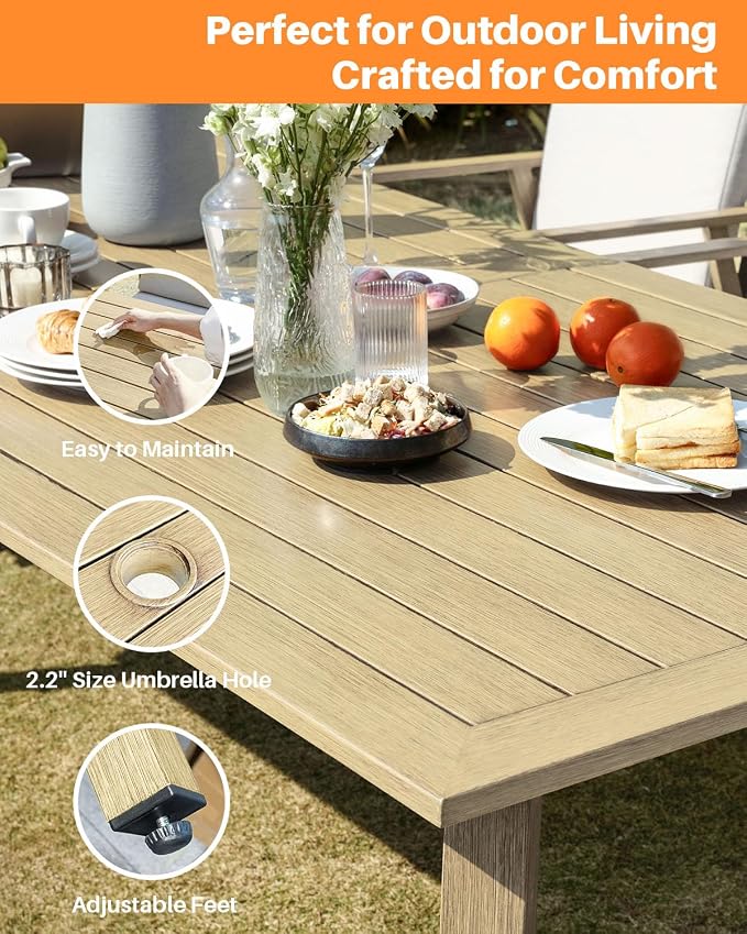 7 Pieces Outdoor Dining Set for 6, Never-Rust Aluminum Patio Swivel Dining Set with 2.2" Umbrella Hole, Outdoor Patio Furniture Set with 2 Swivel Chairs for Decks, Pool, Backyard, Maple Wood