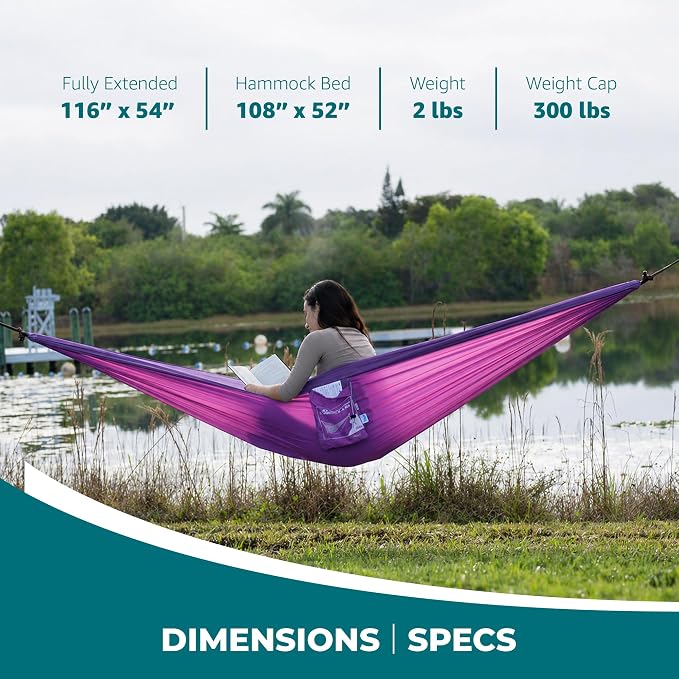 Bliss Hammocks 52" Wide Hammock in a Bag w/Carabiners and Tree Straps Indoor, Outdoor, Poolside, Patio, Backyard Breathable & Weather Resistant High Grade Nylon 300 Lbs Capacity