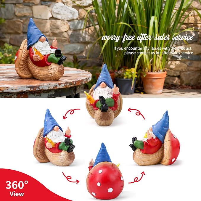 Middle Finger Gnome Statue Naughty Garden Gnomes Funny Drunk Gnome on Mushroom Indoor Outdoor Summer Decoration for Yard Lawn Home Christmas Birthday Gag Gift