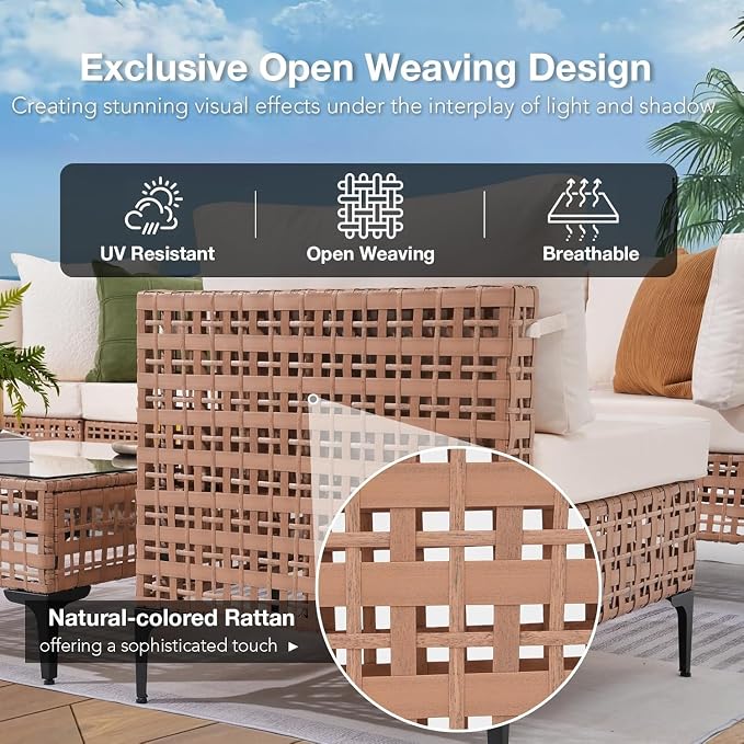 8-Piece Wicker Patio Furniture Set with Propane Fire Pit Table, Natural PE Rattan Outdoor Sectional Sofa with Water-Resistant Cushions, Wind Guard and Cover for Backyard Lounge Area(Black2)