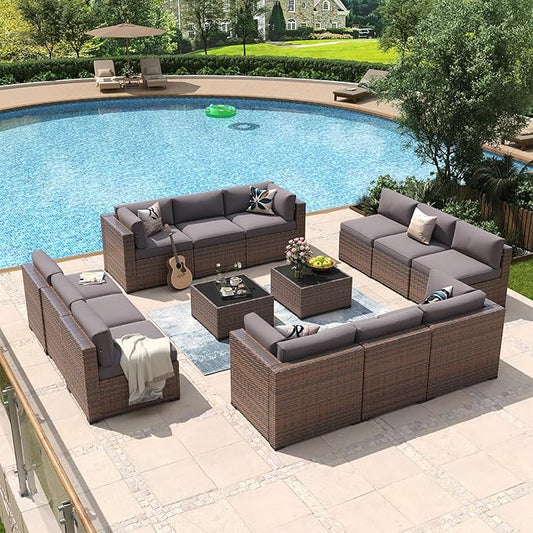 Aoxun 14 Piece Patio Furniture Set Wicker Rattan Patio Conversation Set Outdoor Sectional Sofa Set with Coffee Table and Thickened Cushions, Gray