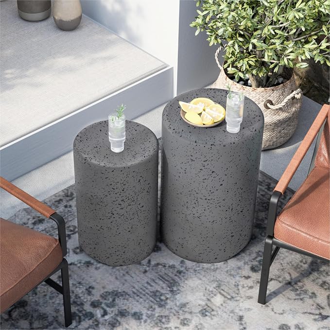 SUNBURY Concrete Side Table Set of 2, Outdoor Side Table Nesting for Patio, Outdoor Accent End Patio in Spotted, Ceramic Garden Stool for Yard, Pool, Round, Grey