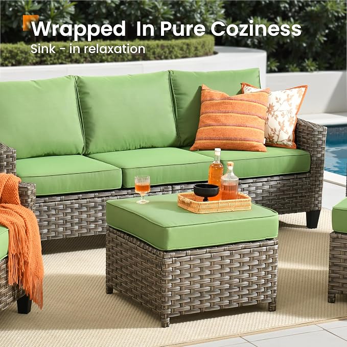 CAODOC Wicker Patio Furniture Set,7 Pieces Modern Outdoor Conversation Set Sectional Sofa with Cushion and Ottomans for Garden, Poolside, Backyard
