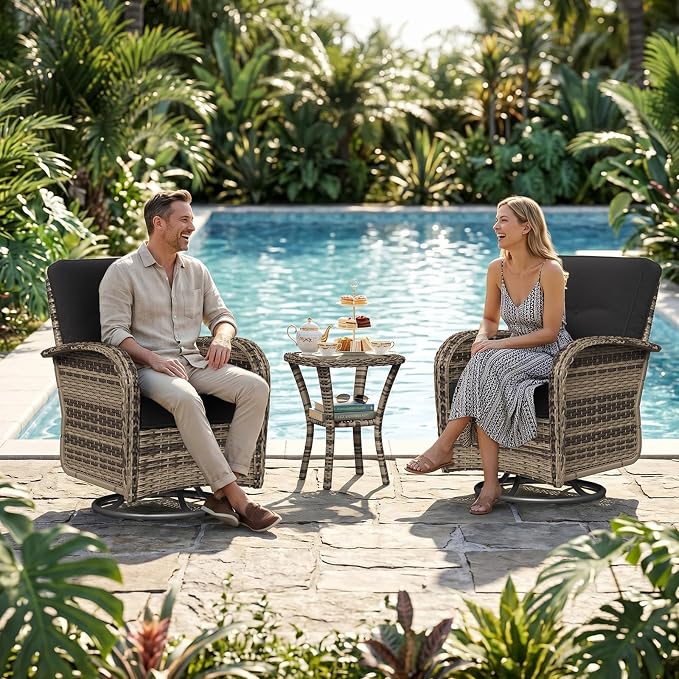 Aoxun 3 Piece Outdoor Patio Furniture Set with Side Table, Outdoor Patio Furniture Sets with High Back Swivel Rocker Chairs, Outdoor Sofa Set with Ottoman for Backyard & Garden, Black