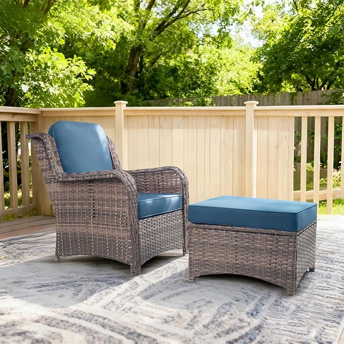 2 Pieces Patio Wicker Furniture Set, High Back Wicker Single Patio Chair Set with Ottoman, Outdoor Porch Chair with Thick Cushion for Balcony Deck Yard and Porch, Peacock Blue