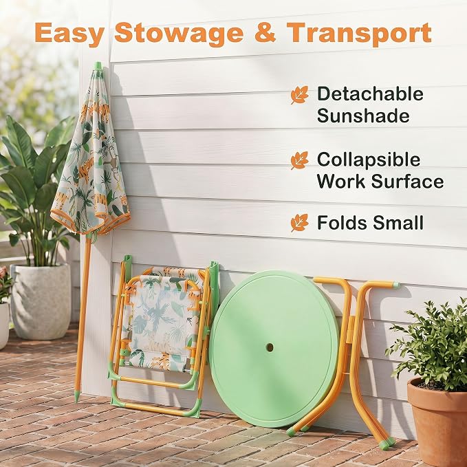 KOTEK Kids Picnic Table with Umbrella, Outdoor Table & 2 Folding Chairs, Cute Pattern Children’s Patio Furniture, Portable Kids Table and Chair Set for Backyard, Garden, Beach (Yellow Tiger)