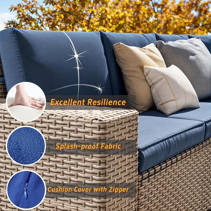 16 Pieces Patio Furniture Set with Fire Pit Table, Outdoor Sectional Wicker Sofa with Thick Cushions, High Back Swivel Rocker Patio Chairs, Rattan Conversation Set with Coffee Table, Navy