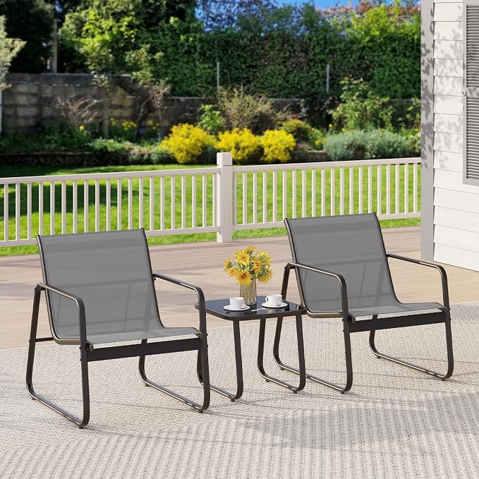 Gizoon 7 Piece Outdoor Patio Furniture Set, Teslin Fabric Outdoor Conversation Set with Loveseat, 4 Single Chairs & 2 Coffee Tables, Modern Metal Frame, for Backyard, Porch, Garden, Poolside, Grey