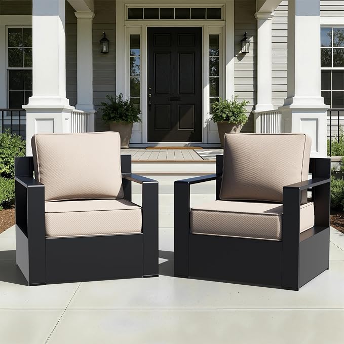 Outdoor Aluminum Furniture, Patio Chairs with 6" Thick Removable Cushions, All-Weather Metal Frame, Deep Setting for Garden, Poolside and Porch,Beige