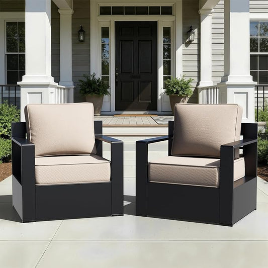 Outdoor Aluminum Furniture, Patio Chairs with 6" Thick Removable Cushions, All-Weather Metal Frame, Deep Setting for Garden, Poolside and Porch,Beige