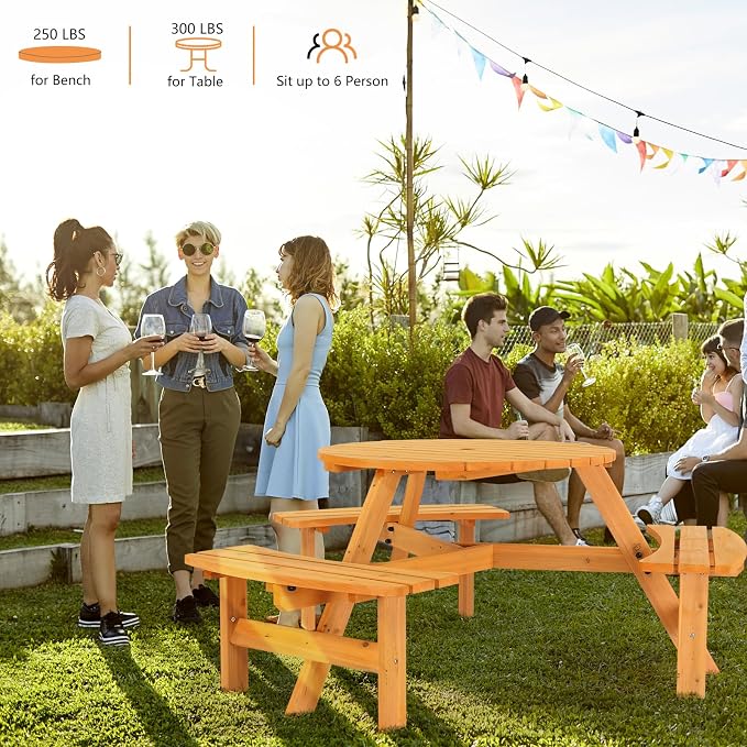 Outdoor Picnic Table Set,6-Person Outdoor Circular Wooden Picnic Table with 3 Built-in Benches, Outside Table and Bench Set for Porch Backyard Patio Lawn Garden