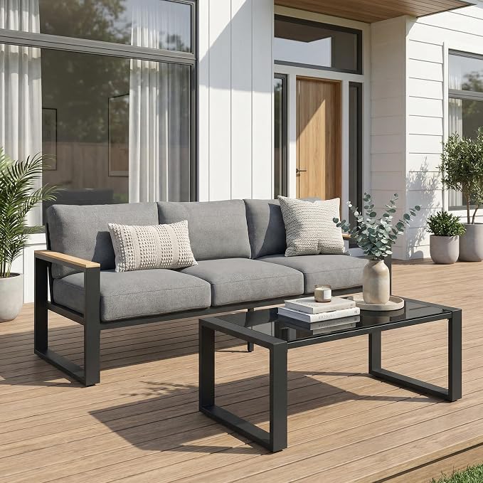 RoyalCraft Aluminum Outdoor Patio Furniture Set with Height-Adjustable Footrest, 3-Seats All-Weather Patio Sofa Sets with Coffee Table for Porch Backyard Garden Patio, Grey