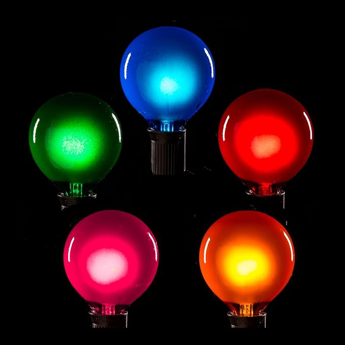 G40 Assorted Satin Pearl Colored String Lights (25 Foot – White Wire) | G40 Assorted 1.6" Bulbs, Outdoor Globe Patio String Lights