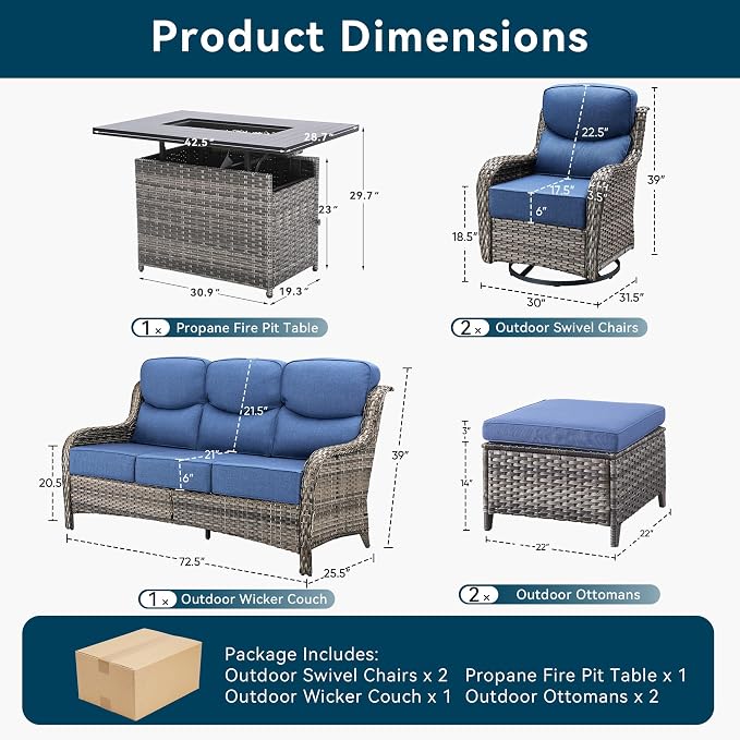 Luxury Patio Furniture Set with Fire Pit Table-6 Pieces All Weather Outdoor Swivel Rocker Chairs with Sofa and Ottomans. Outdoors Patio Conversation Sets for Porch Deck Garden Backyard(Grey/Blue)