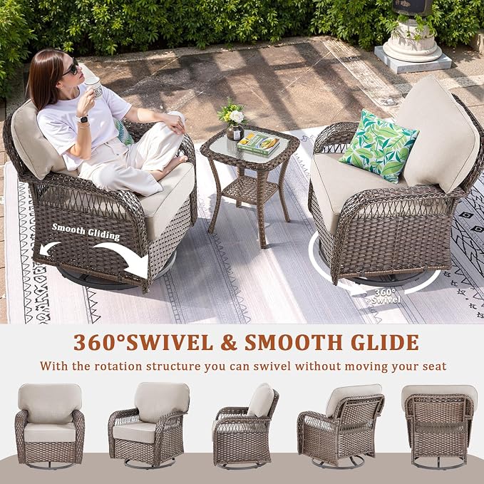 3 PCS Patio Swivel Rocking Chairs Set, Outdoor Wicker Furniture with 5-Inch Thick Olefin Cushions & Rattan Side Table, 360° Swivel Rocker Chairs for Garden, Porch, Backyard, Beige/Brown Wicker