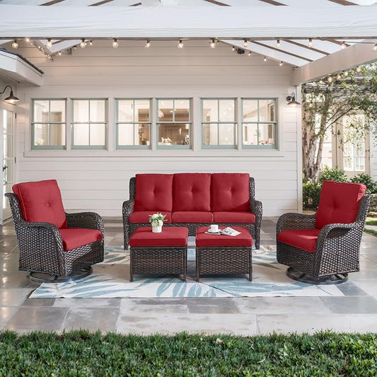 Belord 5 Piece Wicker Patio Furniture Set, Outdoor Swivel Rocker Chairs Set of 2 with Ottomans and 3 Seater Sofa, All Weather Patio Conversation Furniture Set, for Porch Pool, Brown Wicker/Red