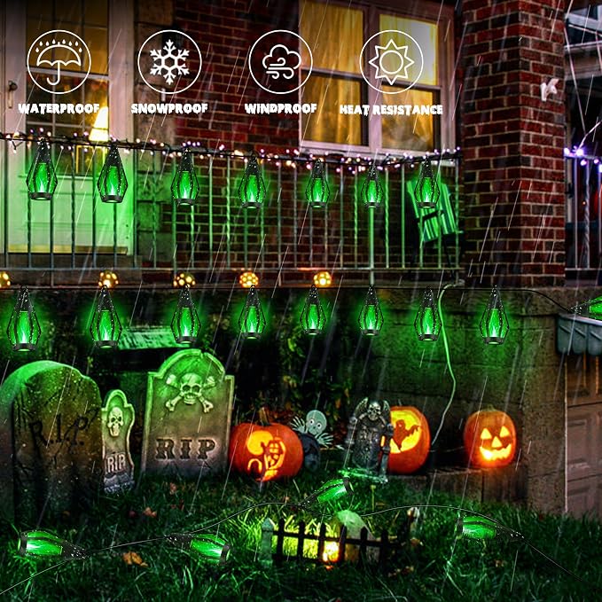 iBaycon 27FT 10 LED Solar Flame Halloween String Lights Outdoor, Green | Ultra-Real Flickering Flame Lamp Outdoor Waterproof, Solar Patio String Lights for Garden Yard Lawn Halloween Decorations