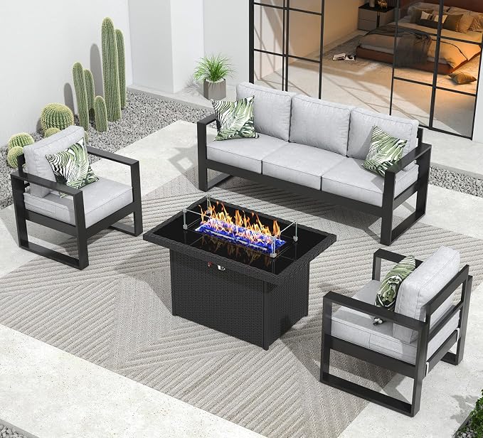 Outdoor Aluminum Furniture Set with Fire Pit Table - 4 Pieces Modern Patio Conversation Sets Metal Sectional Sofa Set
