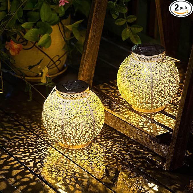 2 Packs White Solar Lanterns Outdoor Waterproof Garden Laterns Metal Retro Lights for Mothers Gifts Mom Wife Grandma Birthday Gifts (White Set of 2)