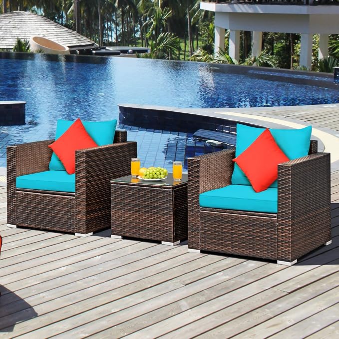 Patio Conversation Set Outdoor, 3-Piece Rattan Wicker Furniture Set with Water-Resistant Cushion & Tempered Glass Tabletop, Patio Furniture Set for Balcony, Porch, Poolside (Turquoise)