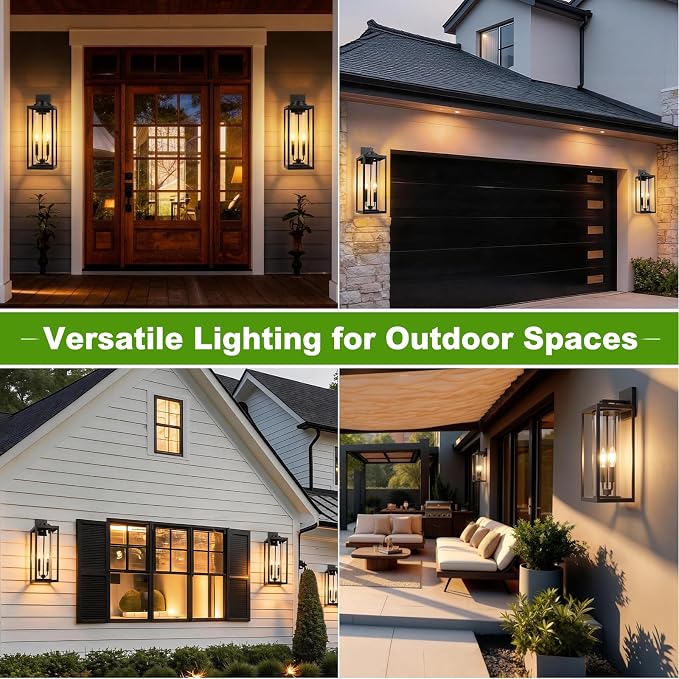 FILIYANO Large 24 Inch Outdoor Wall Light Fixtures, Black, 2-Pack | IP65 Waterproof, Anti Rust, Hardwired, Tempered Glass, E12, 2-light, Modern, Exterior, Porch, Garage and Front Door Lantern