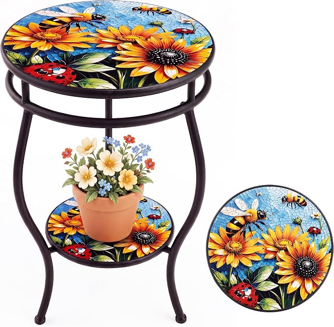 Outdoor Side Table Round with Storage 2-Tier Patio Small Outdoor Table Weather Resistant for Outside Balcony Porch Garden